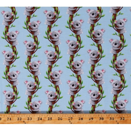 Cotton Koalas Climbing in Trees Branches Australian Party Animals Bob Parkinson Kids Blue Cotton Fabric Print by the Yard (877-11)