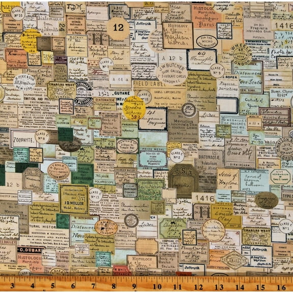 Cotton Laboratory Tim Holtz Eclectic Elements Curator Labels Stamps Destinations Multicolor Cotton Fabric Print by the Yard (PWTH182.MULTI)