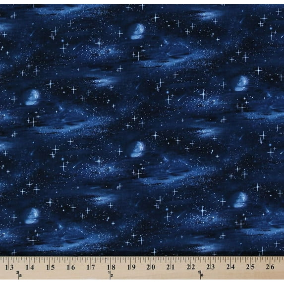 Cotton Landscape Medley Galaxy Stars Star Moon Outer Space Night Blue Black Cotton Fabric Print by the Yard (430-BLACK)