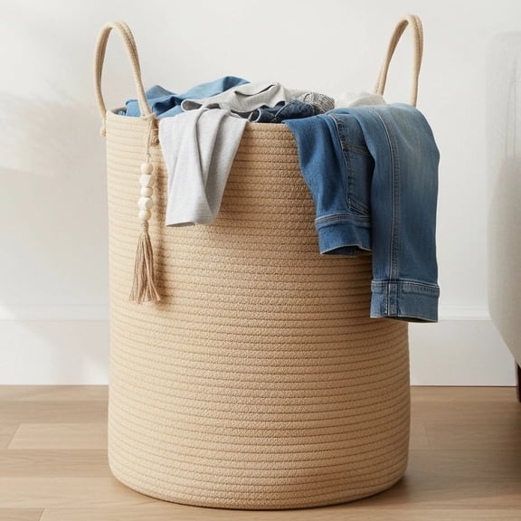 Cotton Rope Laundry Hamper Basket, 58 L Woven Laundry Basket with Handle, 19.7"x 15" Tall Storage Bin with Bead Tassel, Large Clothes Hamper, Toy Blanket Organizer for Living Room, Bedroom