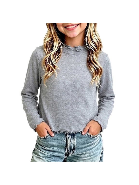 Cotton Layering Tops for Girl Lettuce Trim Mock Neck Long Sleeve Basic Layers Shirts Pullover Gray, Size 3 Y