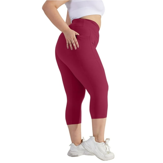 Cotton Capri Leggings for Women Plus Size Tummy Control High Waisted Stretchy Yoga Pants Compression Butt Lifting Sleeping Leggings with Pockets Wine 5XL