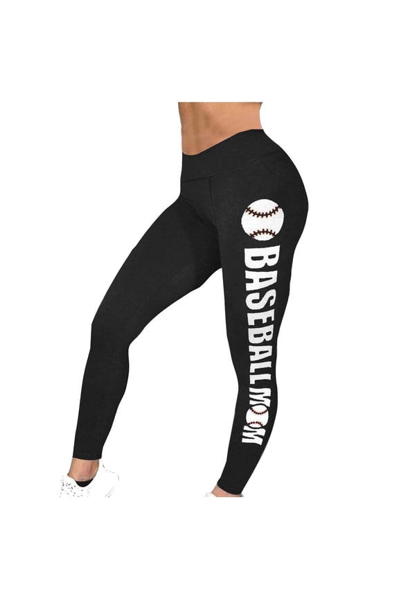 Cotton Leggings for Women Workout Tights Casual Athletic Pant High Waisted Baseball Print Yoga Tights Elastic Waist Trousers (Black M)