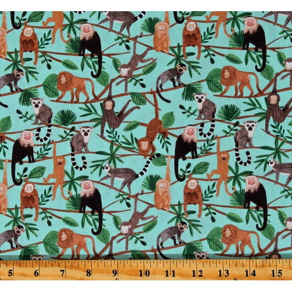 Cotton Lemurs Monkeys Trees Branches Animals Ticket to the Zoo Turquoise Cotton Fabric Print by the Yard (Y3530-101Turquoise)