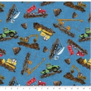 Cotton Let's Get Building Trucks Construction Dirt Work Dump Truck Crane Tractor Blank Quilting Cotton Fabric Print by the Yard 4395-75