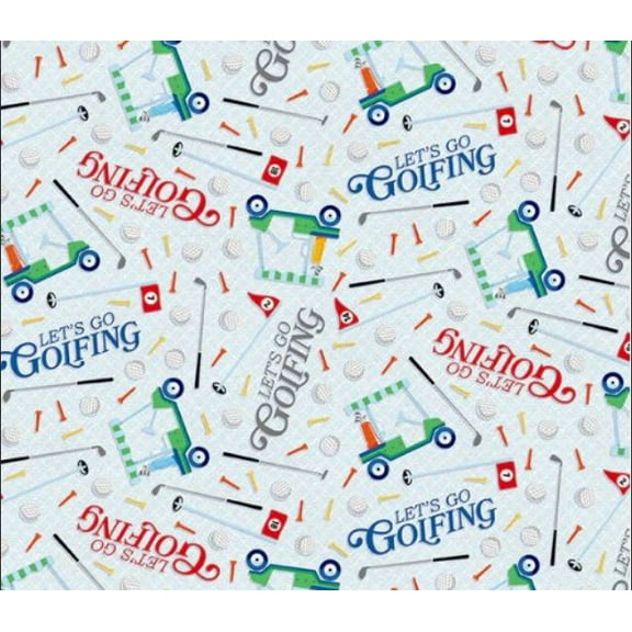 Cotton Let's Go Golfing Golf Ball Club Tee Cart Words Script Paintbrush Studio Cotton Fabric Print by the Yard (12025193)
