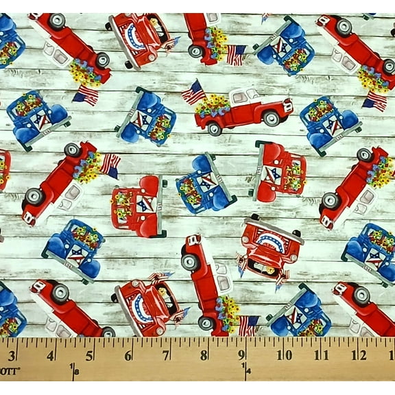 Cotton Liberty Barn Red Farm Trucks Wooden 4th of July Independence Day Patriotic USA Studio E Fabrics Multicolor Cotton Fabric Print by the Yard (8192-98)