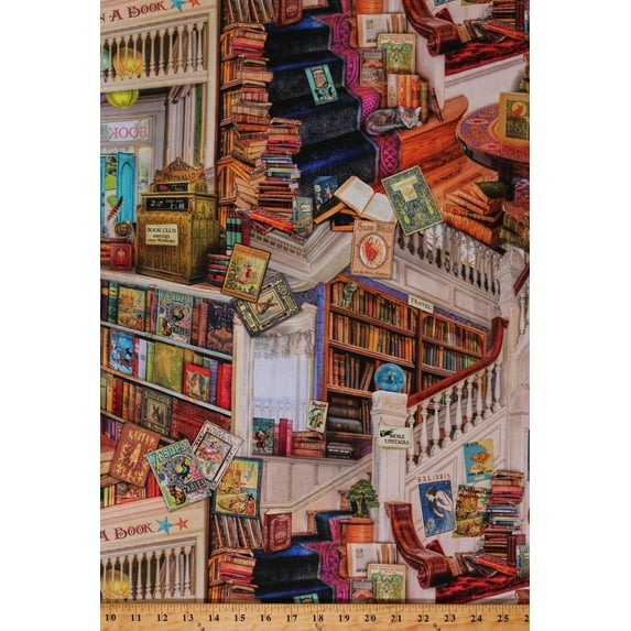 Cotton Library Books Covers Authentic Antique-look Classics Fairytales Library of Rarities Cotton Fabric Print by the Yard (ATX-20802-199ANTIQUE)