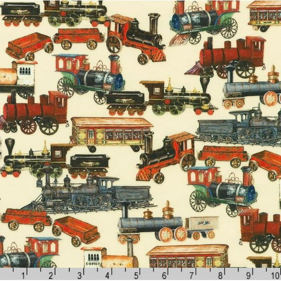 Cotton Library of Rarities Antique Trains Engines Caboose Cars Robert Kaufman Cotton Fabric Print by the Yard (SRKD-23355-199)