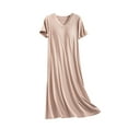 thumbnail image 1 of Cotton Liene Nightgown for Women V-Neck Loungewear Short Sleeve Sleepwear Nightgown Long Pajamas Dress with Chest, 1 of 3