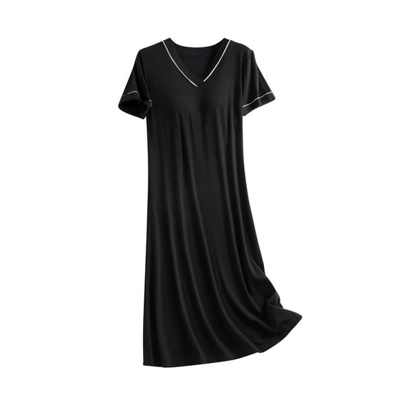 Cotton Liene Nightgown for Women V-Neck Loungewear Short Sleeve Sleepwear Nightgown Long Pajamas Dress with Chest