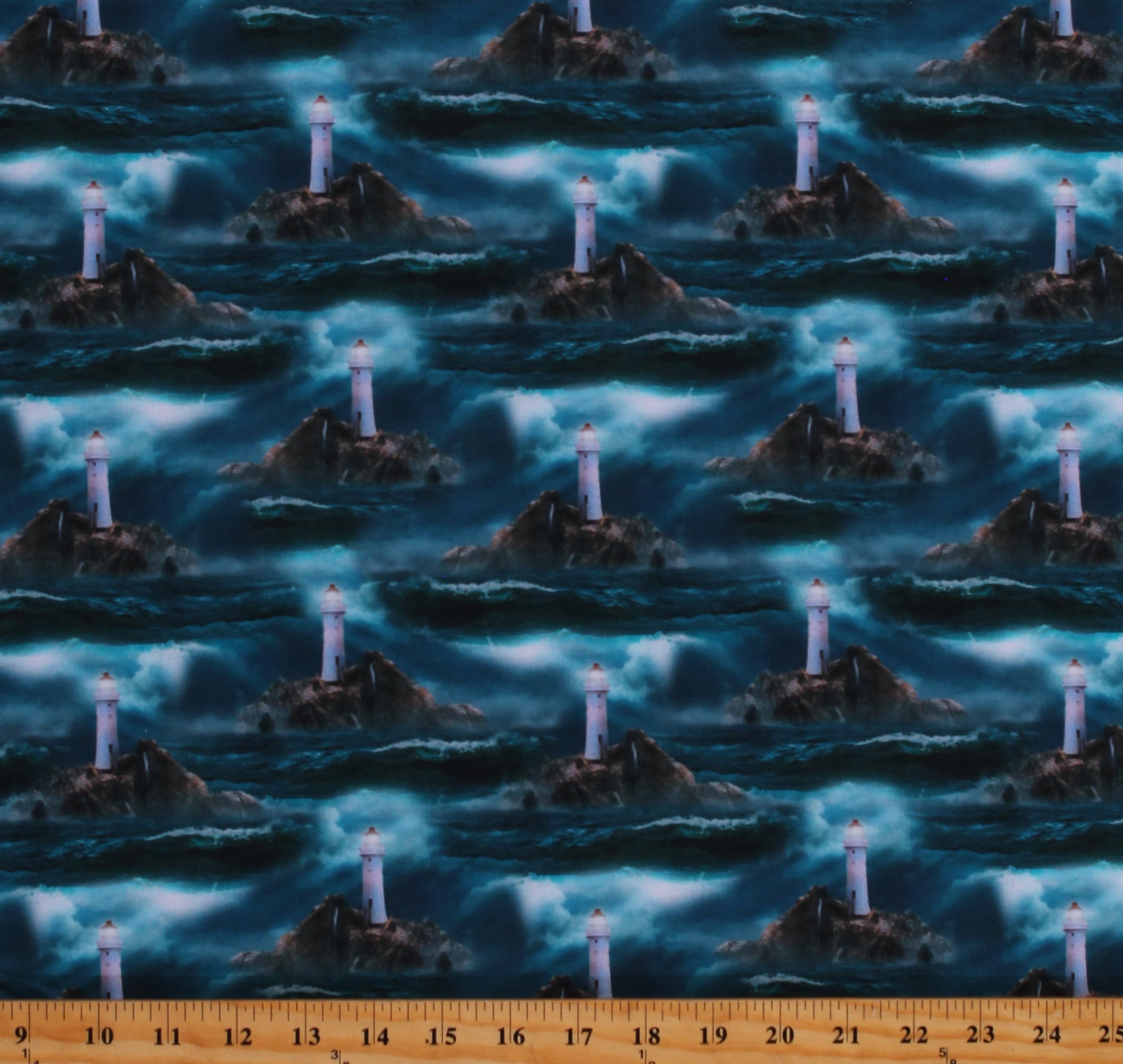 Blue Lighthouse Storm Cotton Fabric by the Yard