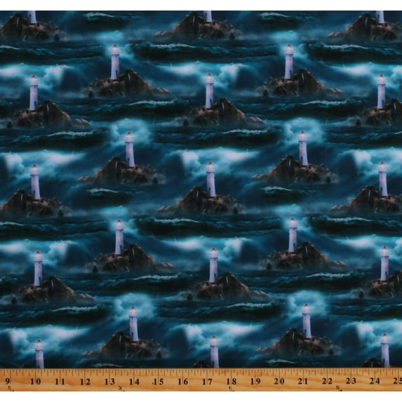 Cotton Lighthouses Lights Storm Stormy Waters Waves Lightning and Thunder Lighthouses in the Storm Blue Cotton Fabric Print by the Yard (CA61220)