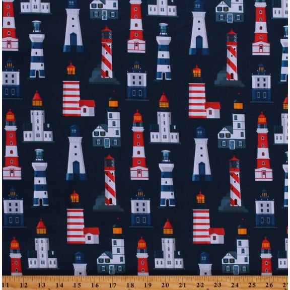 Cotton Lighthouses Lights Towers Striped Watch Buildings Ocean Lakes Water Blue Cotton Fabric Print by the Yard (1637M-10E)