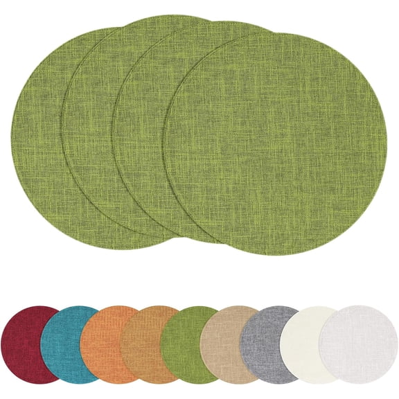 Cotton Linen 15 Inch Round Placemats Set of 6, Grass Green | Washable & Heat Resistant Table Mats, Reversible Wipeable Mats for Indoor/Outdoor Dining