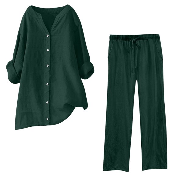 Cotton Linen 2 Piece Plus Size Outfits for Women, Long Sleeve Button Shirts Wide Leg Trousers Set with Pockets, Solid Color Vacation Suit Sets Casual Pant Sets for Women 2 Piece Green 5XL
