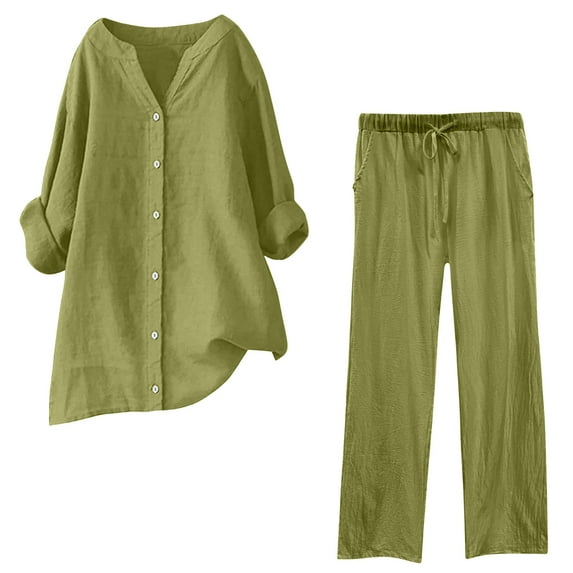 Cotton Linen 2 Piece Plus Size Outfits for Women, Long Sleeve Button Shirts Wide Leg Trousers Set with Pockets, Solid Color Vacation Suit Sets Two Piece Vacation Sets for Women Green XL