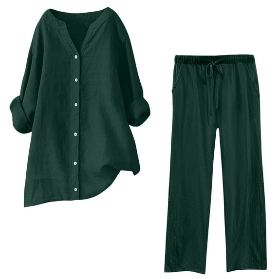 Cotton Linen 2 Piece Plus Size Outfits for Women, Long Sleeve Button Shirts Wide Leg Trousers Set with Pockets, Solid Color Vacation Suit Sets Womens Beach Outfits Green XL