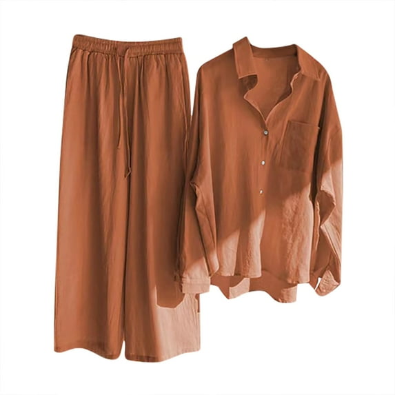 Cotton Linen 2 Pieces Outfits Long Sleeve Button down Shirts Wide Leg Pants Sets Tracksuit Womens