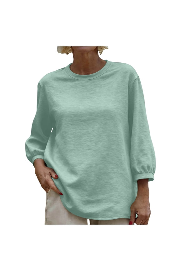 Cotton Linen 3/4 Bishop Sleeve T-Shirts Womens Loose Fit Crew Neck Solid Tops Ideal for Spring Summer Fall Daily and Vacations Casual Wear