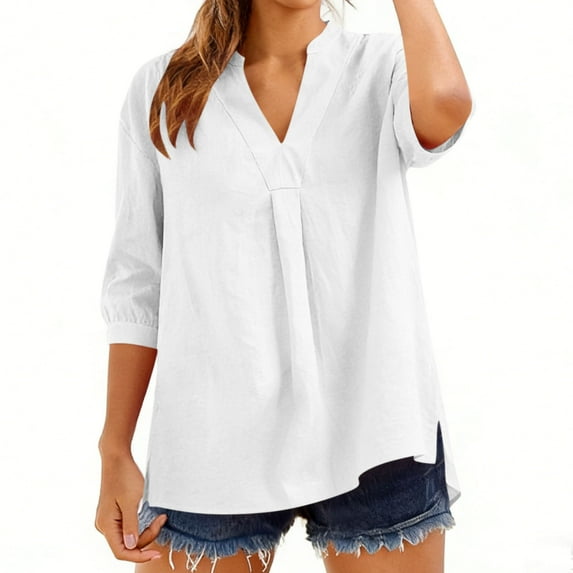 Cotton Linen 3/4 Length Sleeve Tops for Women Casual V Neck Shirts Lightweight Loose Blouses Business Casual Outfits Three Quarter Sleeve Pullover Solid Summer Vocation Clothes White S