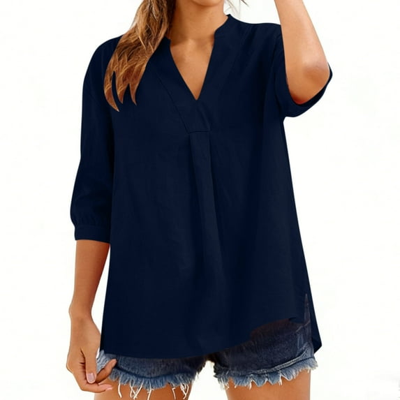 Cotton Linen 3/4 Length Sleeve Tops for Women Casual V Neck Shirts Lightweight Loose Blouses Business Casual Outfits Three Quarter Sleeve Pullover Solid Summer Vocation Clothes Blue L
