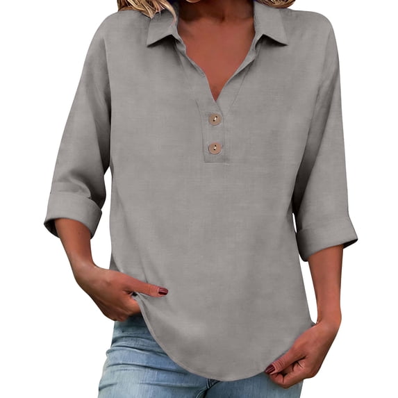 Cotton Linen 3/4 Sleeve Shirts for Women Lapel Collared Button Down Blouse Loose Casual Soft Tops Holiday Party Outfits