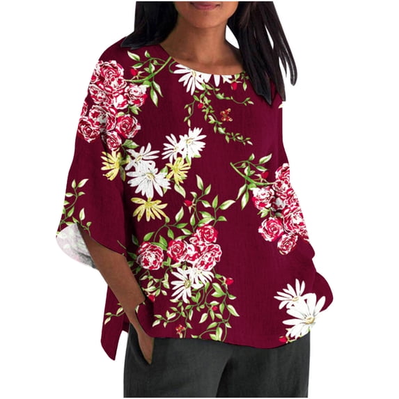 Cotton Linen 3/4 Sleeve Summer Tops for Women Casual Loose Three Quarter Sleeve Solid Printed Tunic T Shirt Plus Size Blouse