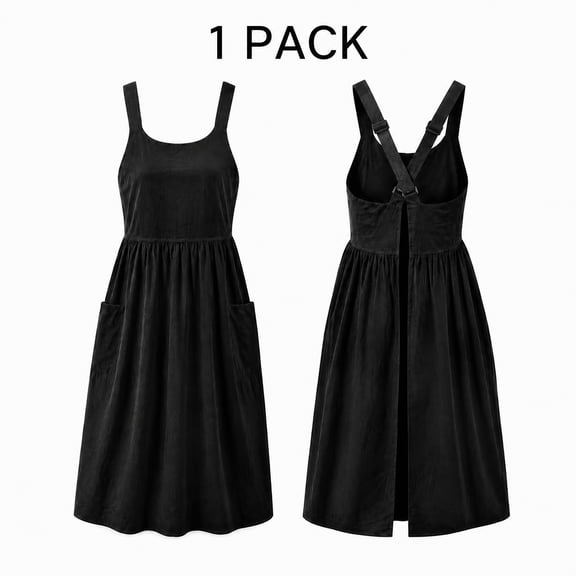 Cotton Linen Adjustable Cross Back Apron Pinafore Dress with 2 Pockets for Cooking Baking Gardening Painting,Gift,Black