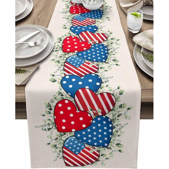 Cotton Linen American Flag Stars Stripes Table Runner 48 inches Long, 4th of July Red Blue Heart Star Eucalyptus Leaves Table Cloth Dresser Scarves,Patriotic Table Runners for Dining Table