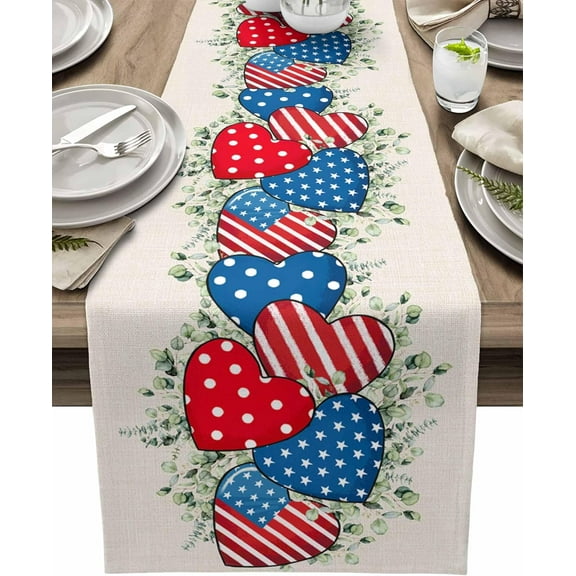 Cotton Linen American Flag Stars Stripes Table Runner 90 inches Long, 4th of July Red Blue Heart Star Eucalyptus Leaves Table Cloth Dresser Scarves,Patriotic Table Runners for Dining Table