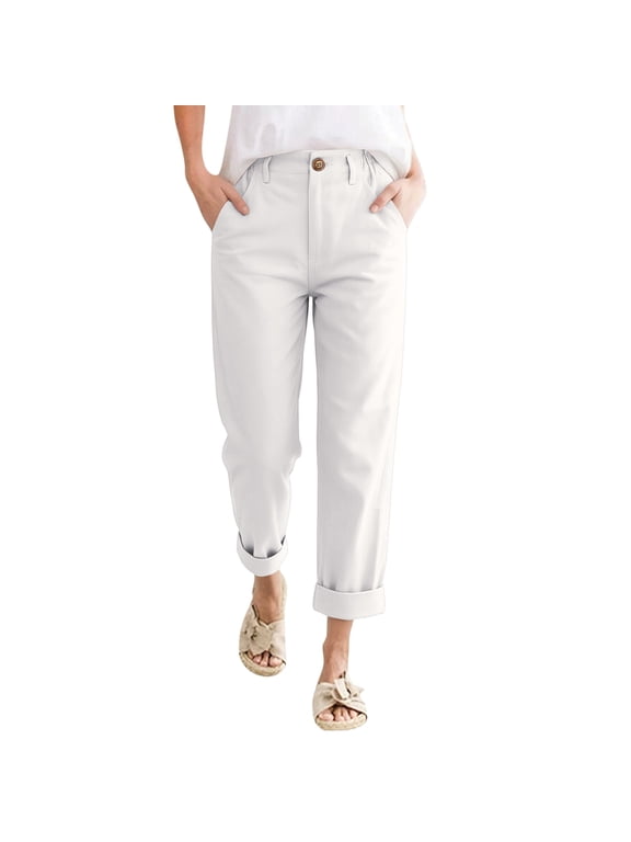 Cotton Linen Ankle Length Pants Women Button Fly High Waist Petite Roll Up Tapered Casual Wear White L