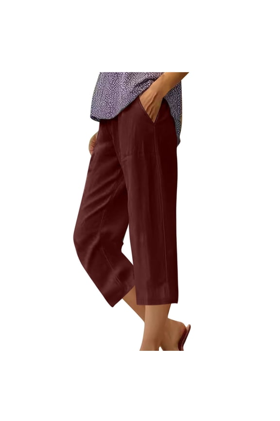 Cotton Linen Ankle Pants for Women High Waisted Solid Color Straight Leg Summer Beach Cropped Pants