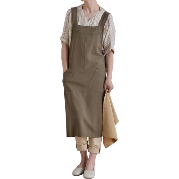 Cotton Linen Apron Cross Back Japanese Smock for Women Cooking With Pockets Pinafore Dress Kitchen Baking Gardening