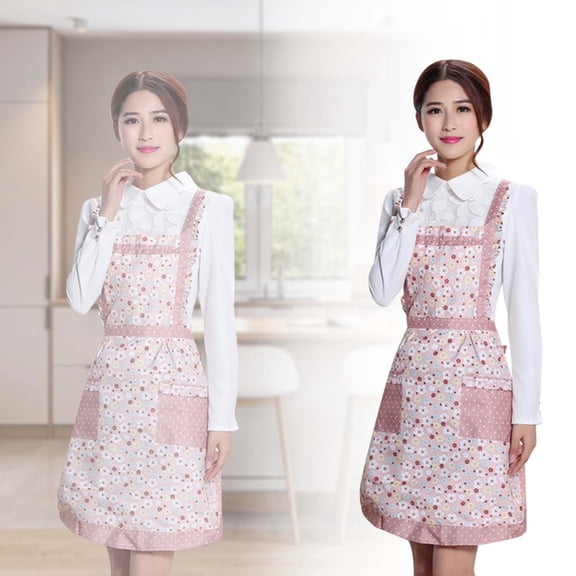 Cotton Linen Apron Women Cross Back Apron with Pockets Polka Dots Back Halter Aprons Vintage Pinafore Dress Maid Chef Ruffle Aprons Kitchen Cooking Bib Baking Gardening Painting