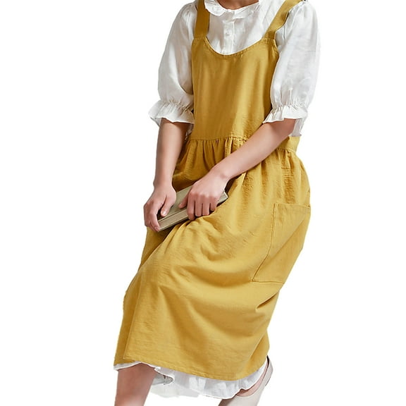 Cotton Linen Apron for Women Vintage Back Apron Pinafore Dress with Pocket for Baking Cooking