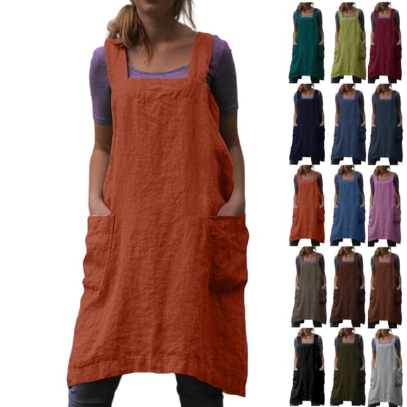 Cotton Linen Apron for women Cross Back Apron Pinafore Dress for Baking Cooking Gardening Work,Orange S