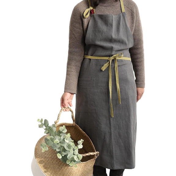 Cotton Linen Apron with Pockets, Adjustable Bib Kitchen Cooking Apron for Women & Men