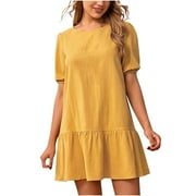 SEROYE Cotton Linen Babydoll Dress for Women O-Neck Ruffle Hem Elastic Cuff Short Sleeve Solid Loose Casual Mini Dresses