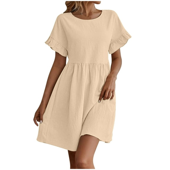Cotton Linen Baggy Mini Dress for Women Solid Flowy Ruffle Hem Pleated Sundress Crewneck Short Sleeve Summer Dresses