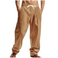 thumbnail image 1 of Cotton Linen Beach Pants for Mens Wide Leg Long Pants Baggy Relaxed Fit Trouser Light Breathable Sweatpants Drawstring Elastic Waist Trousers Beach Gym Workout Casual Pants with Pockets, 1 of 7