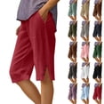 thumbnail image 1 of Cotton Linen Bermuda Shorts for Women Capri Pants Petite Pull on Knee Length Pants Summer Beach Long Shorts Beach Lounge Ladies Pedal Pushers 13" 14" 15" Inseam Red L, 1 of 8