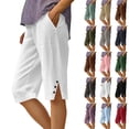 thumbnail image 1 of Cotton Linen Bermuda Shorts for Women Capri Pants Petite Pull on Knee Length Pants Summer Beach Long Shorts Beach Lounge Ladies Pedal Pushers 13" 14" 15" Inseam White XL, 1 of 8