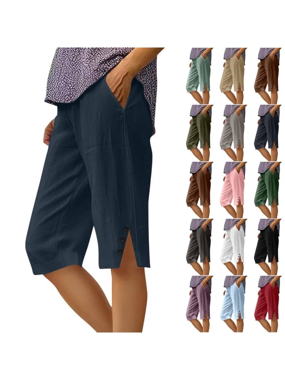 Cotton Linen Bermuda Shorts for Women Capri Pants Petite Pull on Knee Length Pants Summer Beach Long Shorts Beach Lounge Ladies Pedal Pushers 13" 14" 15" Inseam Dark Blue S