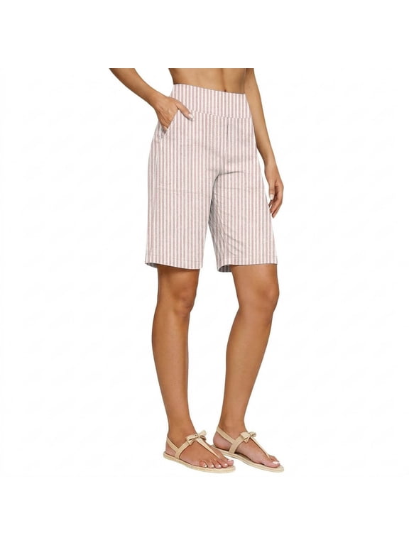 Cotton Linen Bermuda Shorts Womens Striped High Waisted Wide Leg Pull On Casual Summer Shorts with Pockets (2XL, Beige)