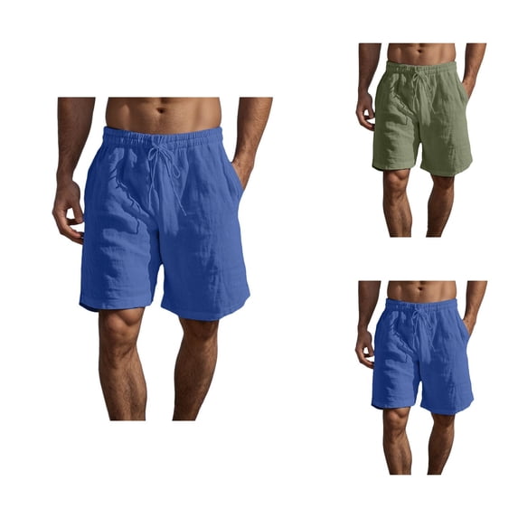 Cotton Linen Bermuda Shorts for Men Lightweight Breathable Elastic Waist Wide Straight Leg Beach Shorts with Pockets