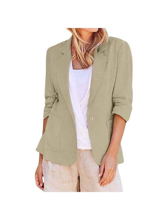 Cotton Linen Blazer Women Summer Lightweight Button 3/4 Sleeve Blazers for Women Business Casual Suit Jacket with Pockets Plus Size