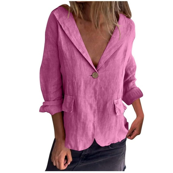 Cotton Linen Blazer for Women 3/4 Sleeve Lightweight Breathable Casual One Button Suit Jacket