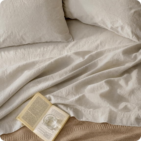 Cotton Linen Blend Queen Sheets Set with Deep Pocket Fit