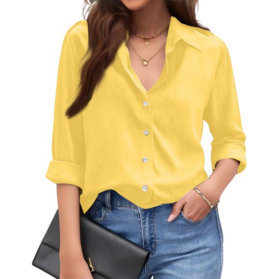 Cotton Linen Blouse for Women Button Down Shirts Long Sleeve Loose Fit V Neck Casual Tops Summer 2026 Yellow S